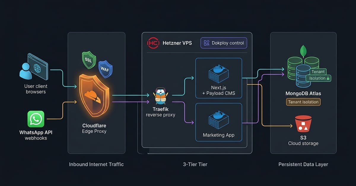 Multi-Tenant Cloud Infrastructure: Cloudflare Edge Proxy, Hetzner VPS, Dokploy, Traefik, Next.js + Payload CMS, and MongoDB Atlas