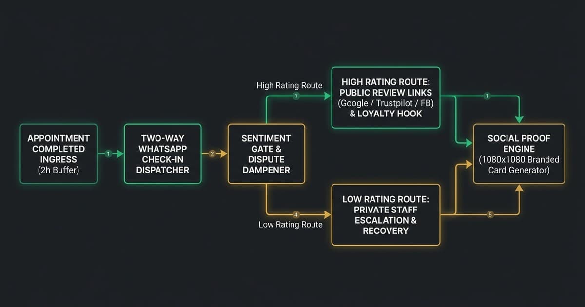 Patofy Automated WhatsApp Reputation Engine: Post-Service Ingress, Sentiment Gate, Dispute Recovery, and Social Proof Generation